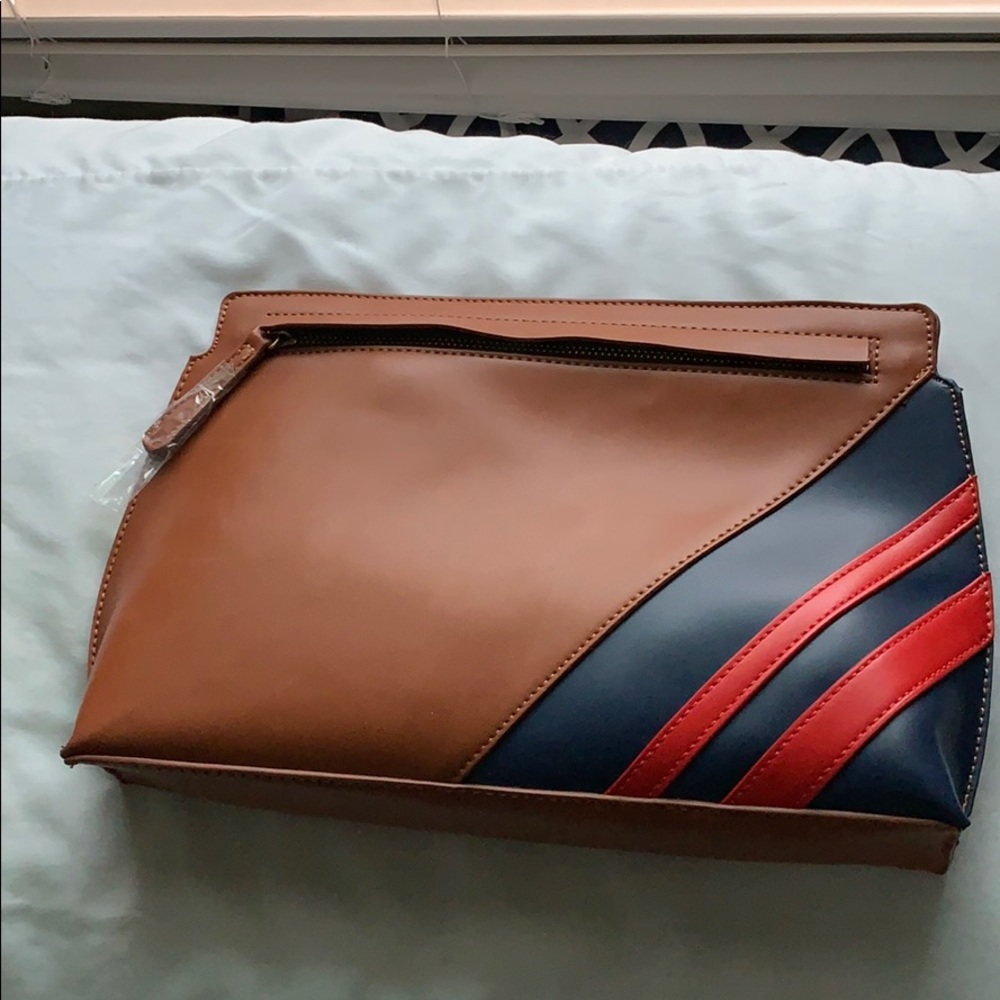 Brown  with red and navy clutch